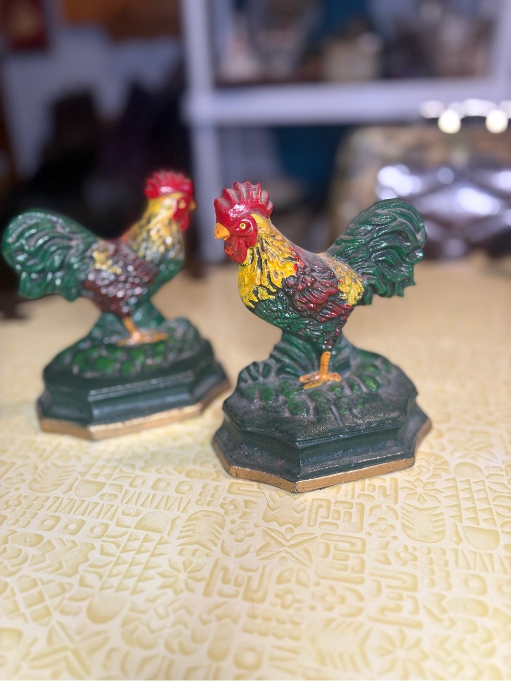 Vintage Cast Iron Rooster Bookends/ Door stop- Green, Red, Yellow